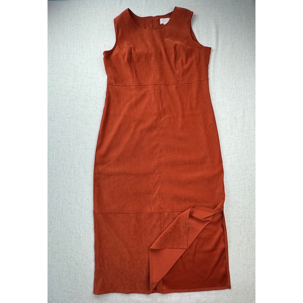 Studio C Faux Suede Midi Dress Womens 16 Burnt Orange Sleeveless Slit Retro Chic